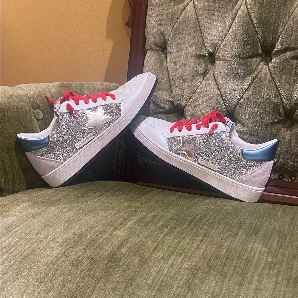 Vintage Havana Silver Glitter Sneakers with Red Laces and Silver Glitter